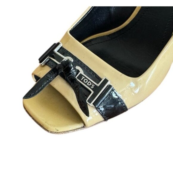 TOD'S Women's Sz 37 US Sz 6.5 Tan & Black Patent Leather Peep Toe Heels - Picture 5 of 15